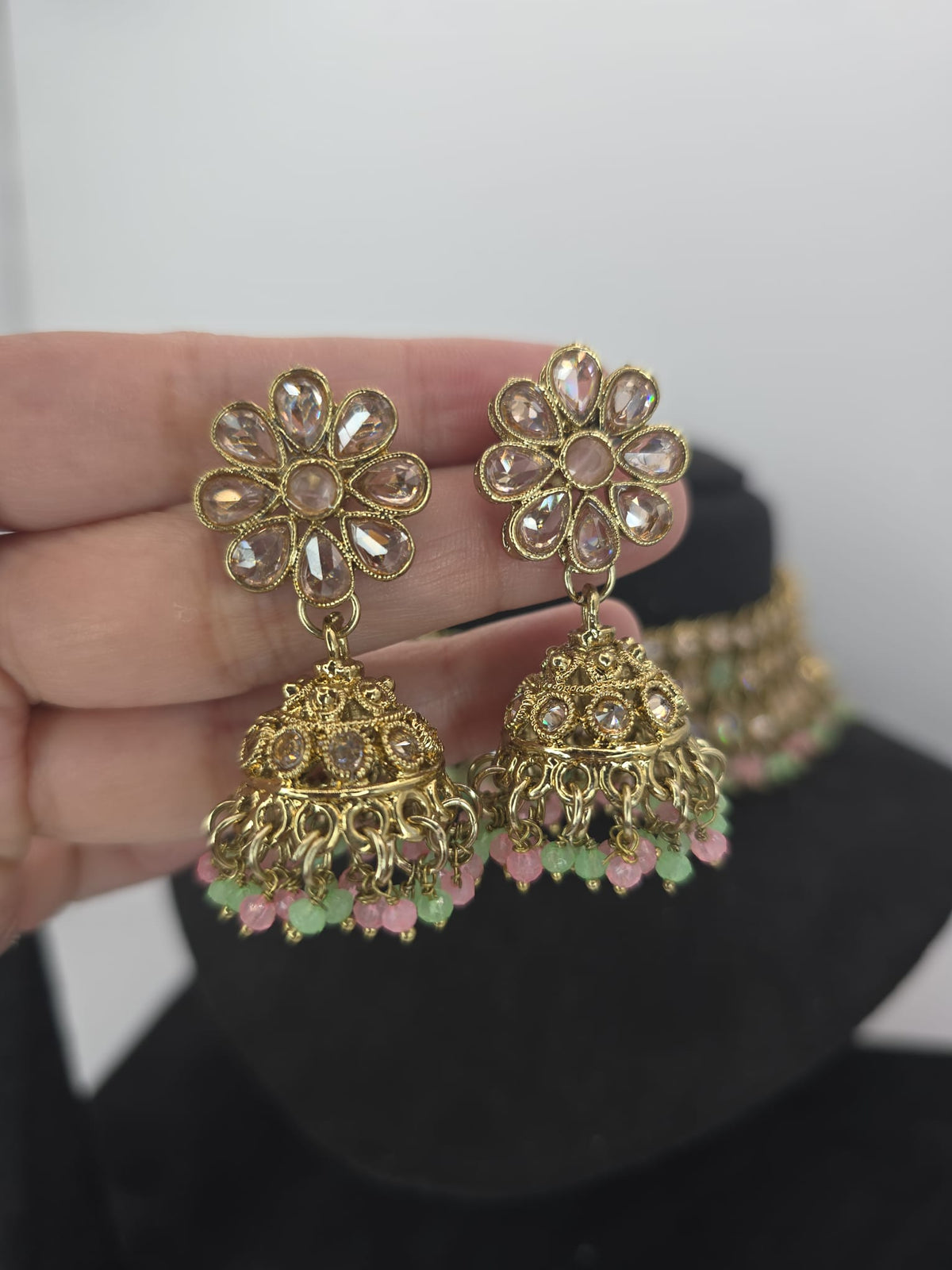 2 line mint pink polki set with jhumka earings