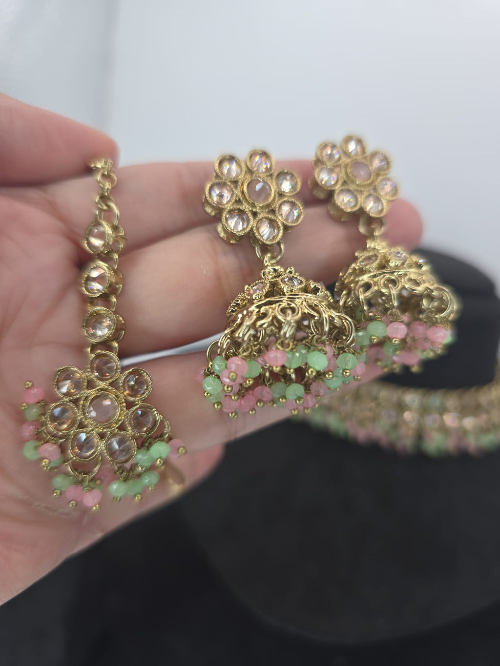 2 line mint pink polki set with jhumka earings