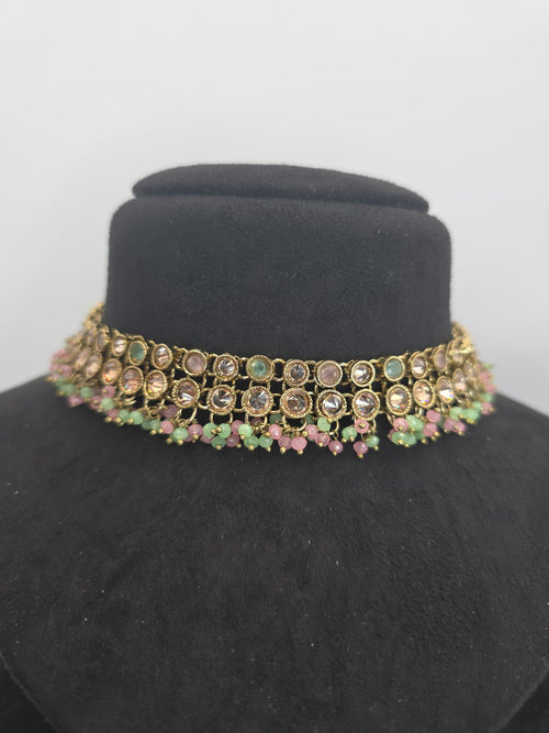 2 line mint pink polki set with jhumka earings