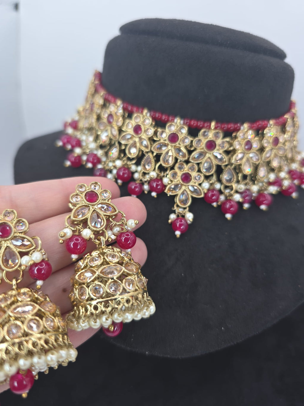shocking pink choker jhumka set