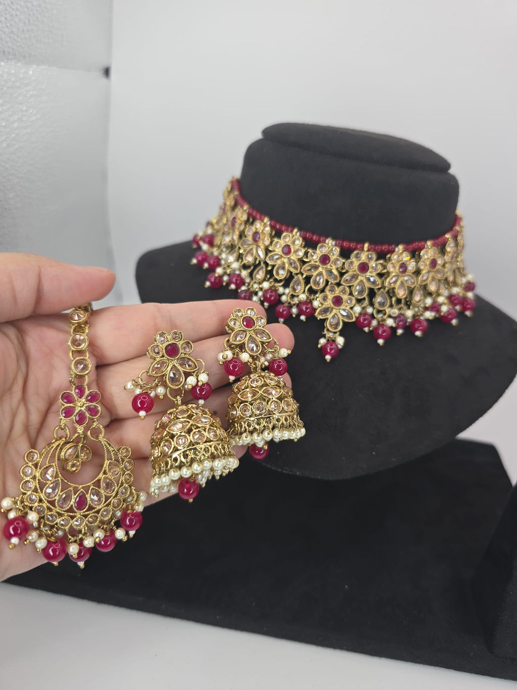 shocking pink choker jhumka set