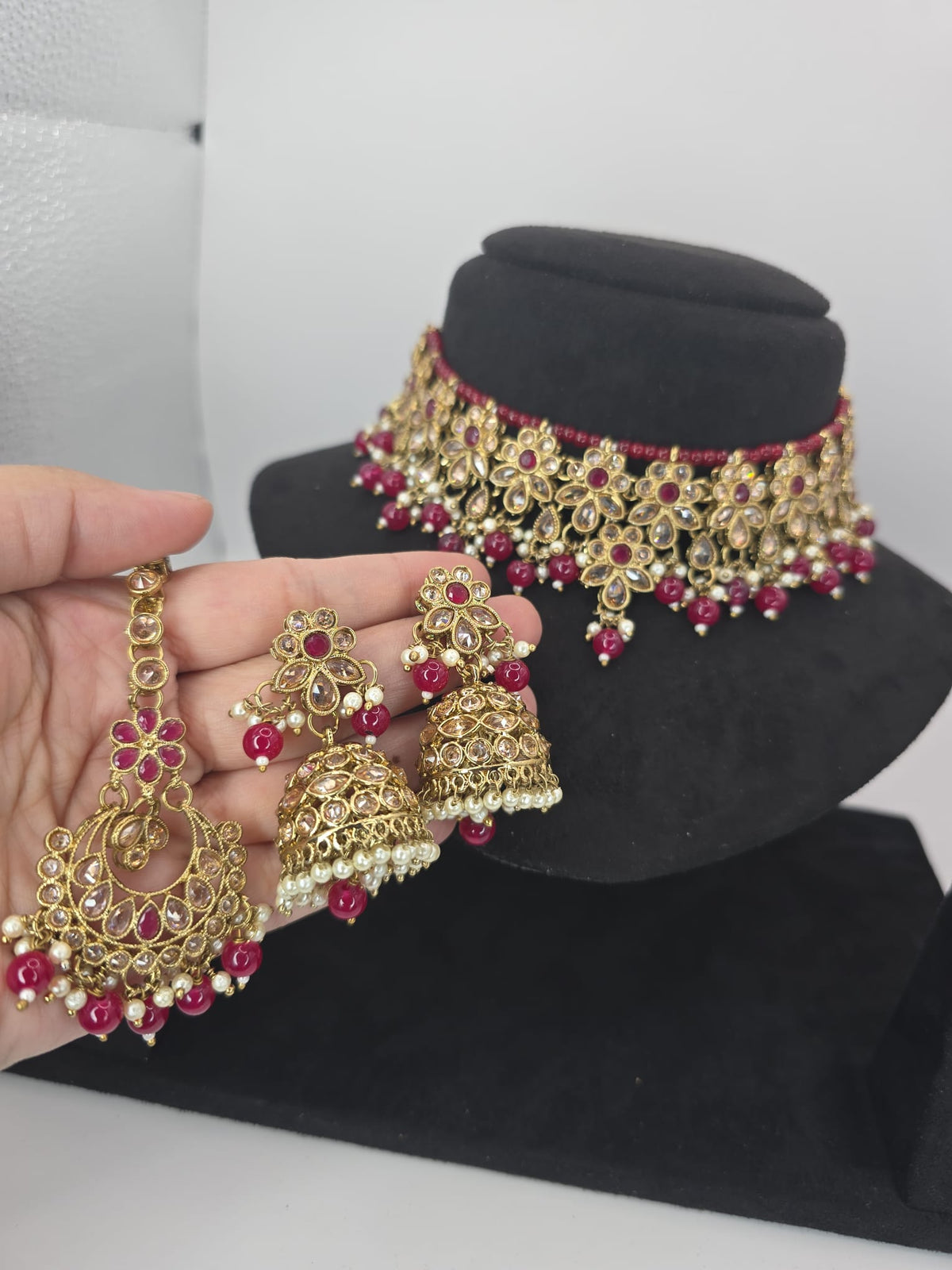 shocking pink choker jhumka set