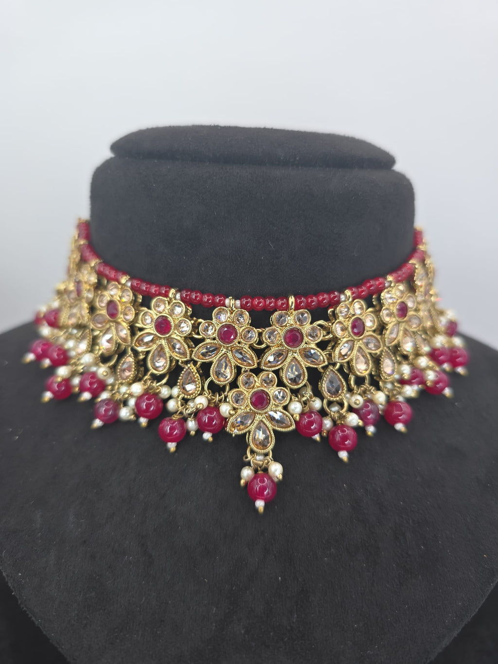 shocking pink choker jhumka set