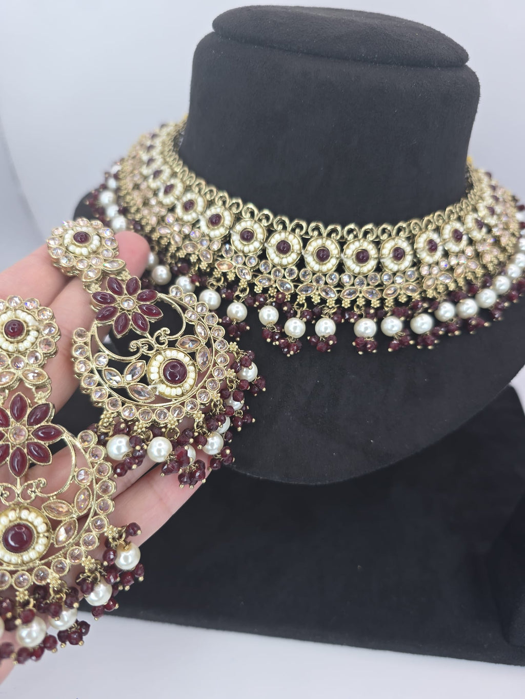 deep mehroon polki semi bridal set with tikka