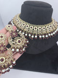 deep mehroon polki semi bridal set with tikka
