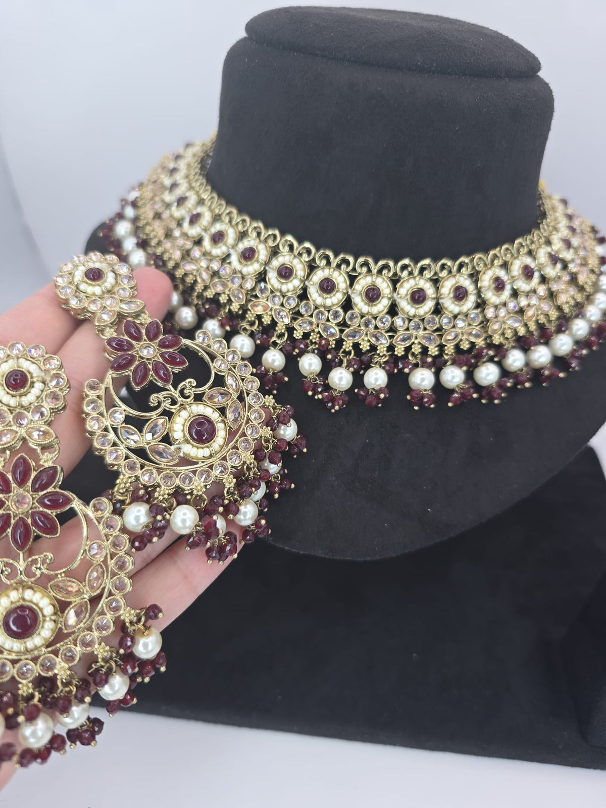 deep mehroon polki semi bridal set with tikka