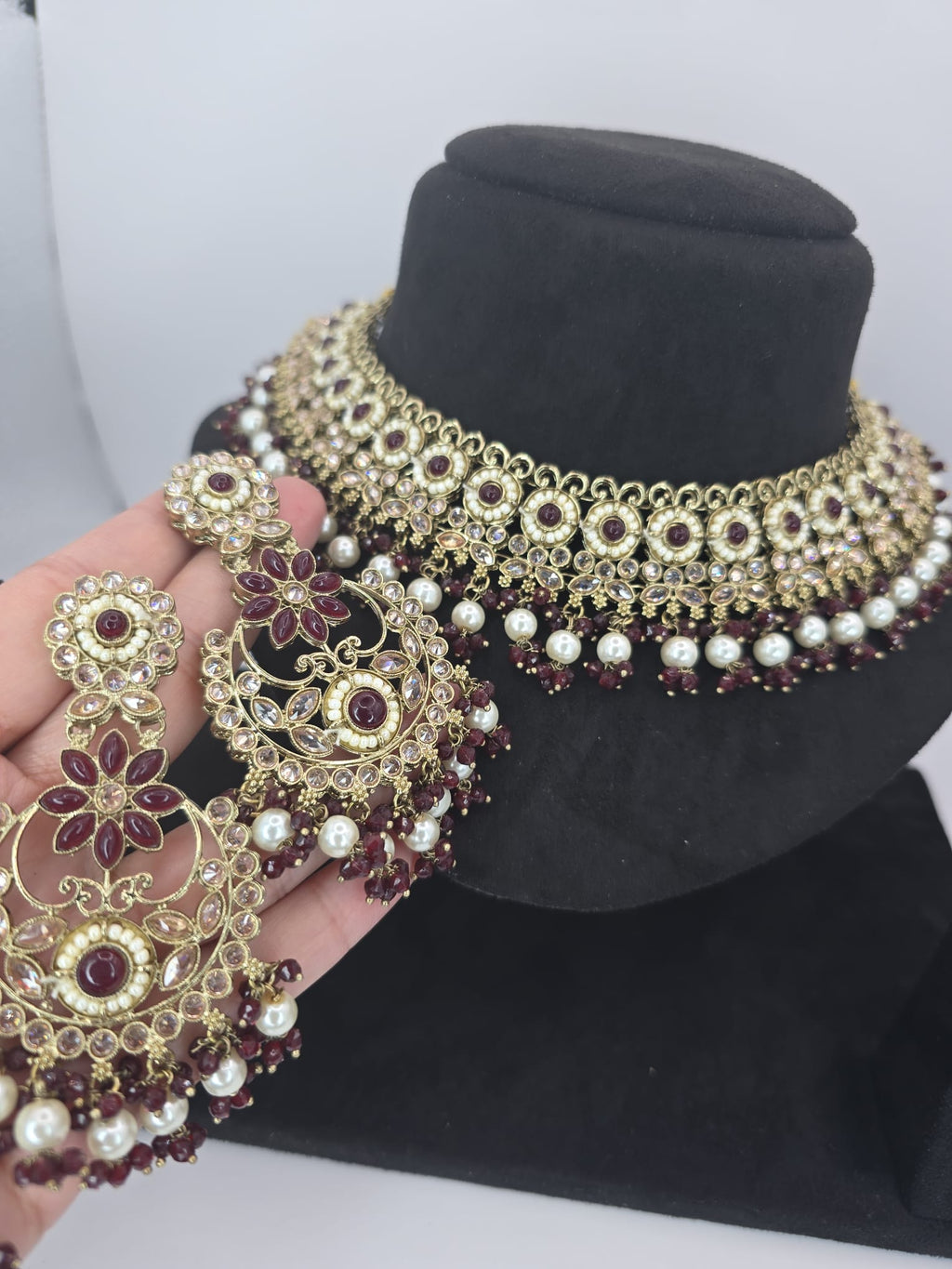 deep mehroon polki semi bridal set with tikka