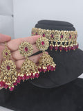 Hot pink choker set with jhumka earings and tikka